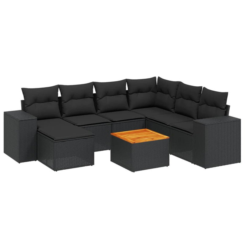 8-delige Loungeset met kussens poly rattan zwart