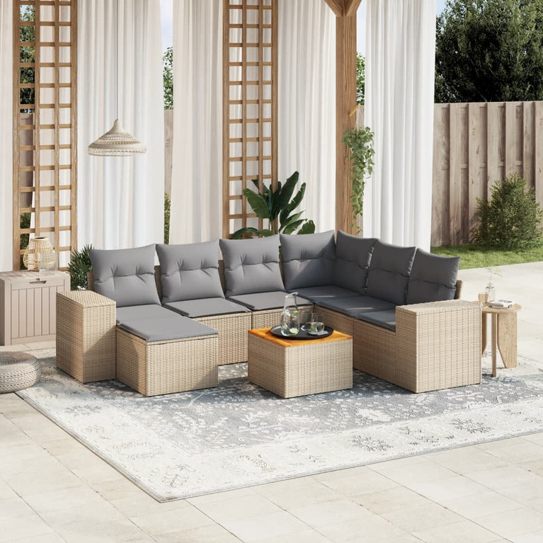 8-delige Loungeset met kussens poly rattan beige