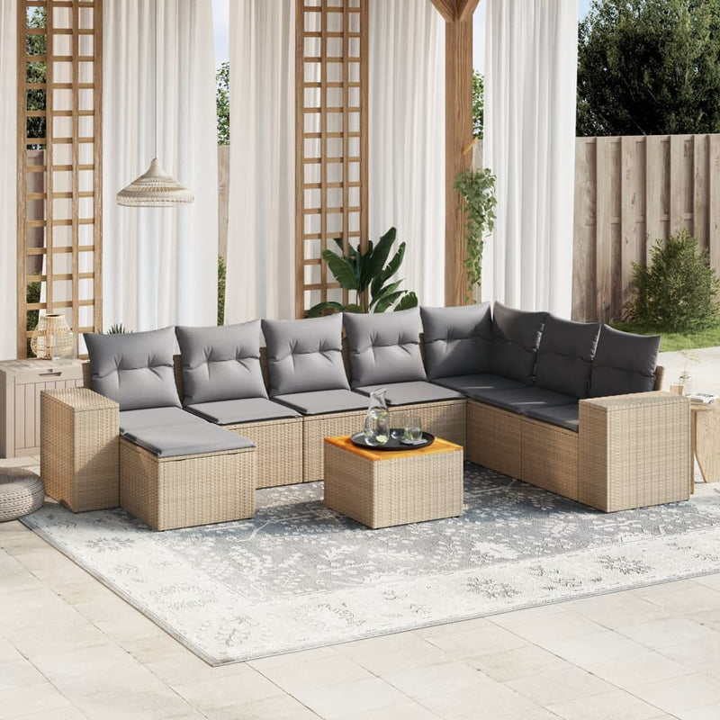 9-delige Loungeset met kussens poly rattan beige