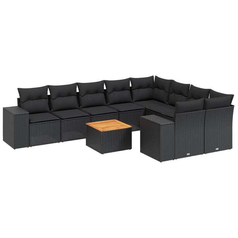 10-delige Loungeset met kussens poly rattan zwart