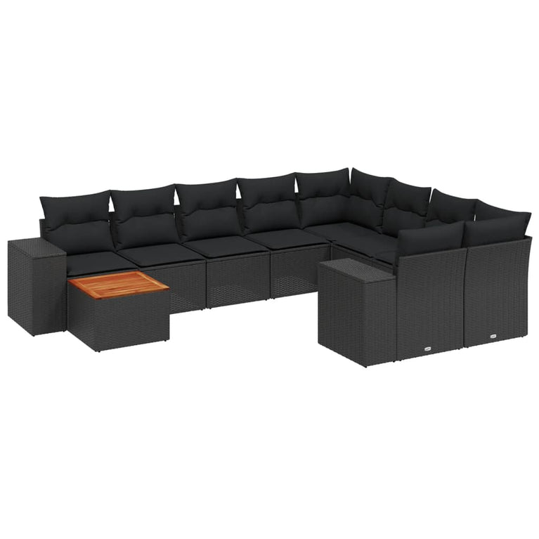10-delige Loungeset met kussens poly rattan zwart