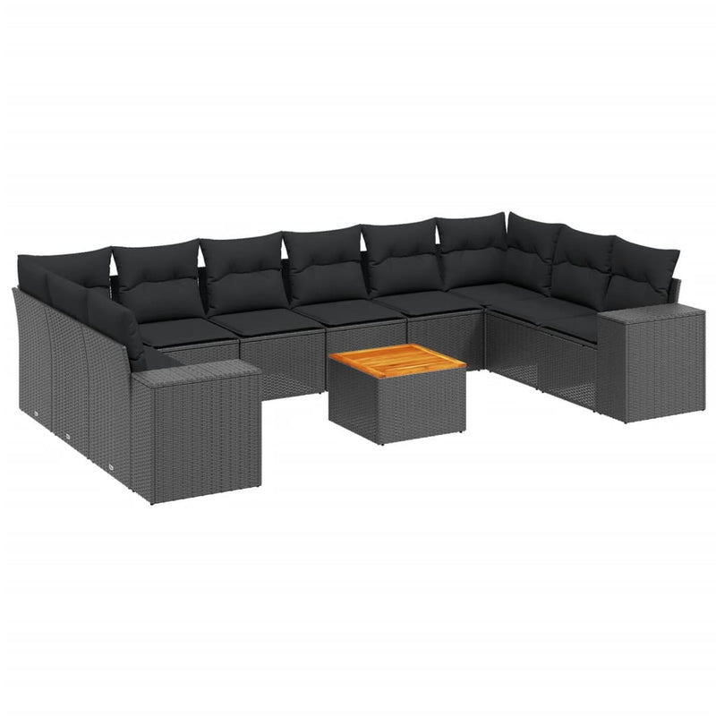 11-delige Loungeset met kussens poly rattan zwart