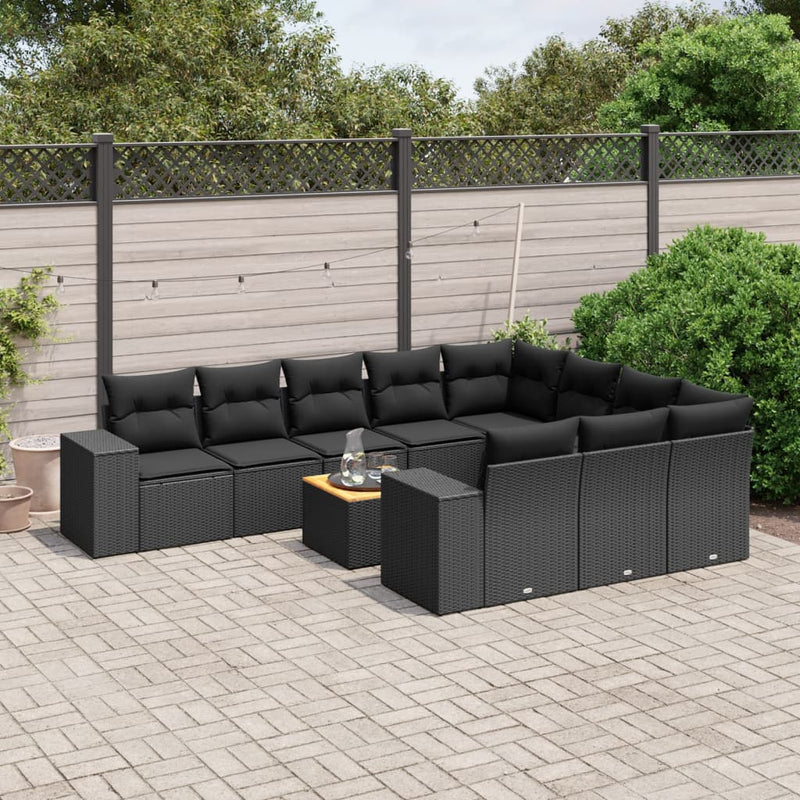 11-delige Loungeset met kussens poly rattan zwart