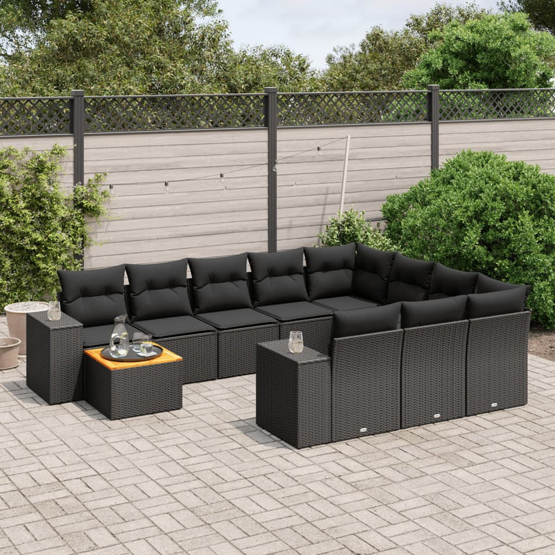 11-delige Loungeset met kussens poly rattan zwart