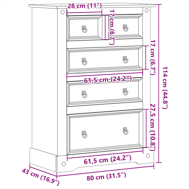 Ladekast Corona 80x43x114 cm massief grenenhout