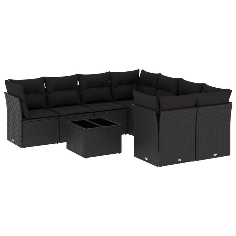 9-delige Loungeset met kussens poly rattan zwart