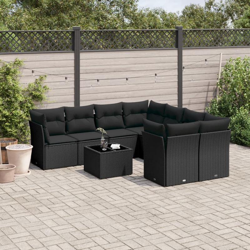 9-delige Loungeset met kussens poly rattan zwart