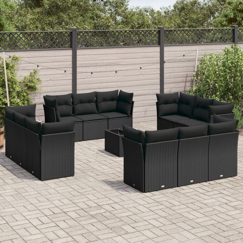 13-delige Loungeset met kussens poly rattan zwart