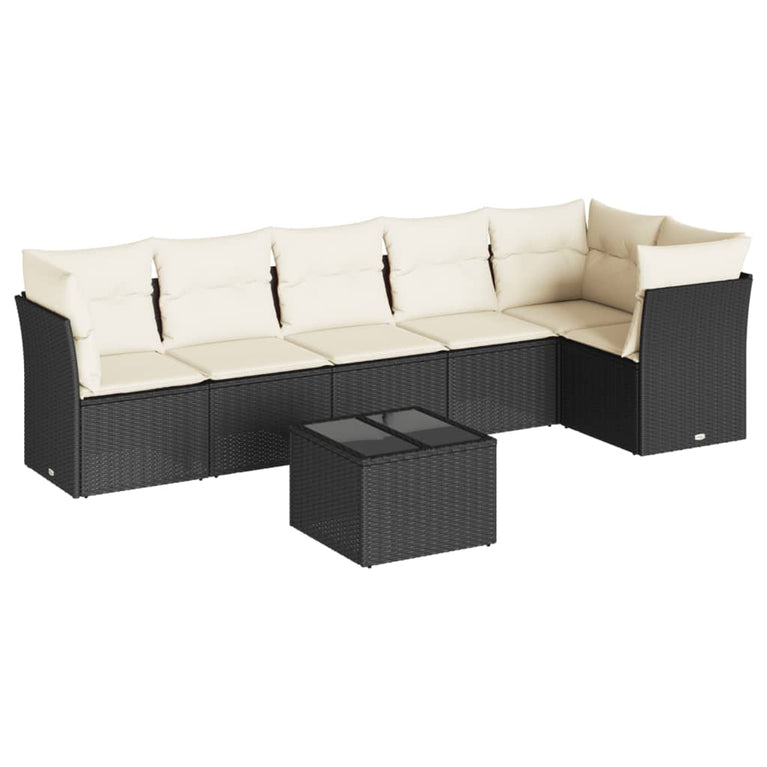 7-delige Loungeset met kussens poly rattan zwart