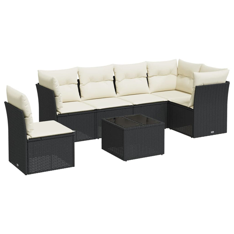7-delige Loungeset met kussens poly rattan zwart