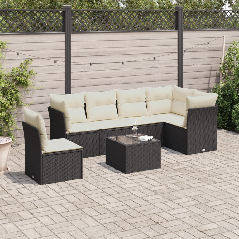 7-delige Loungeset met kussens poly rattan zwart