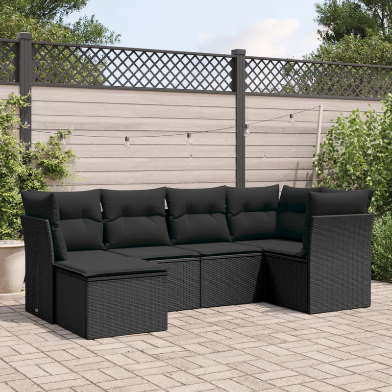 6-delige Loungeset met kussens poly rattan zwart