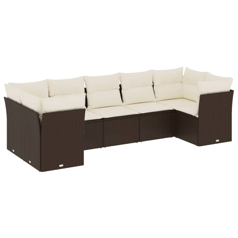 7-delige Loungeset met kussens poly rattan bruin