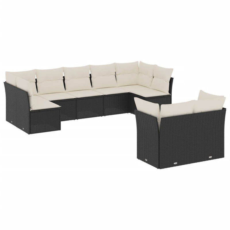 9-delige Loungeset met kussens poly rattan zwart