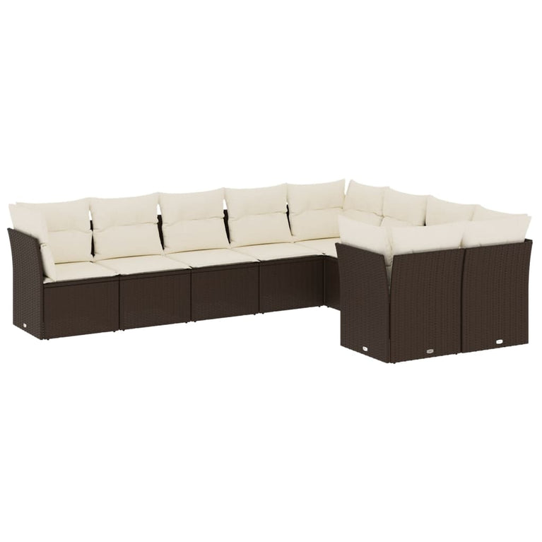 9-delige Loungeset met kussens poly rattan bruin