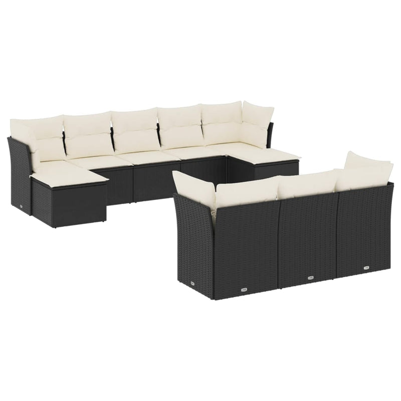 10-delige Loungeset met kussens poly rattan zwart
