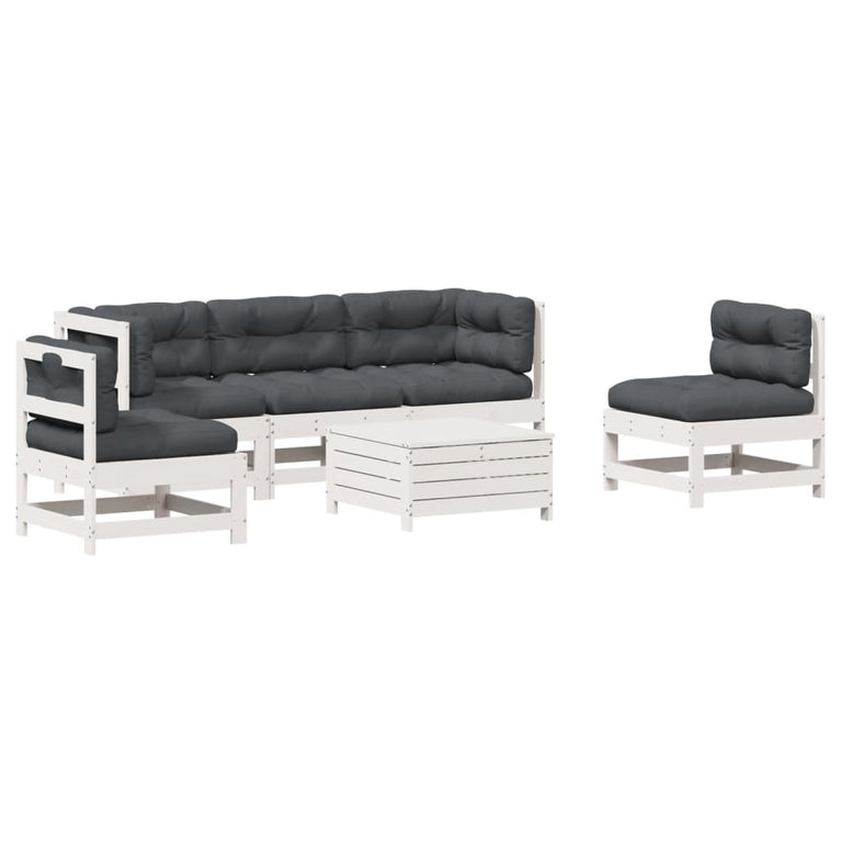 6-delige Loungeset met kussens massief grenenhout wit