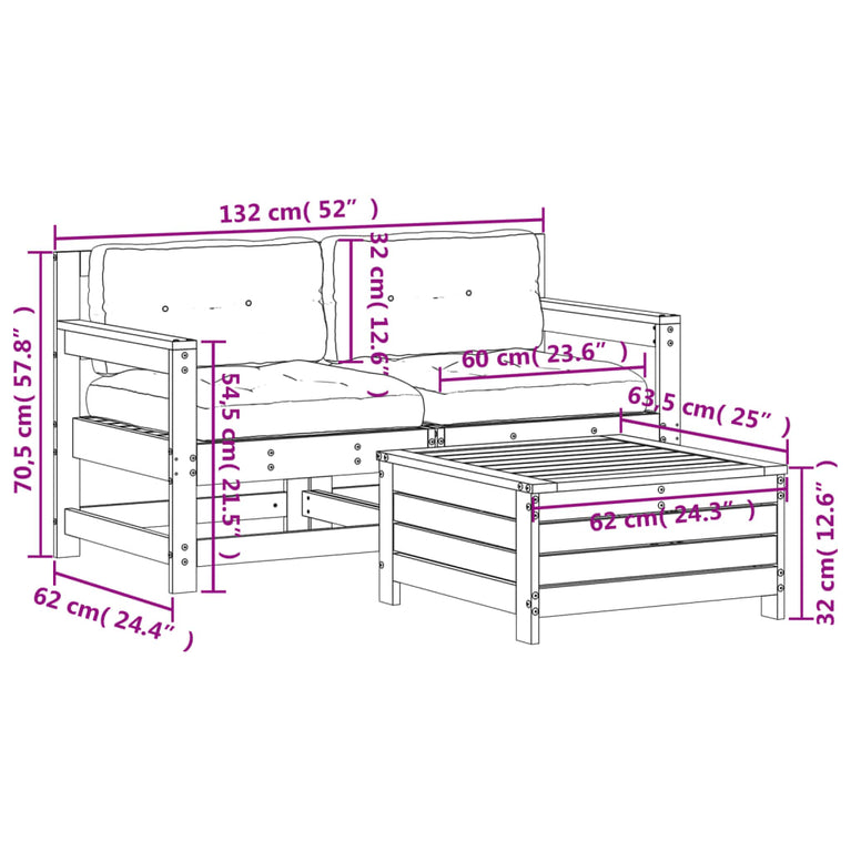3-delige Loungeset met kussens massief grenenhout wit
