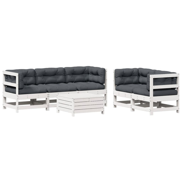 6-delige Loungeset met kussens massief grenenhout wit