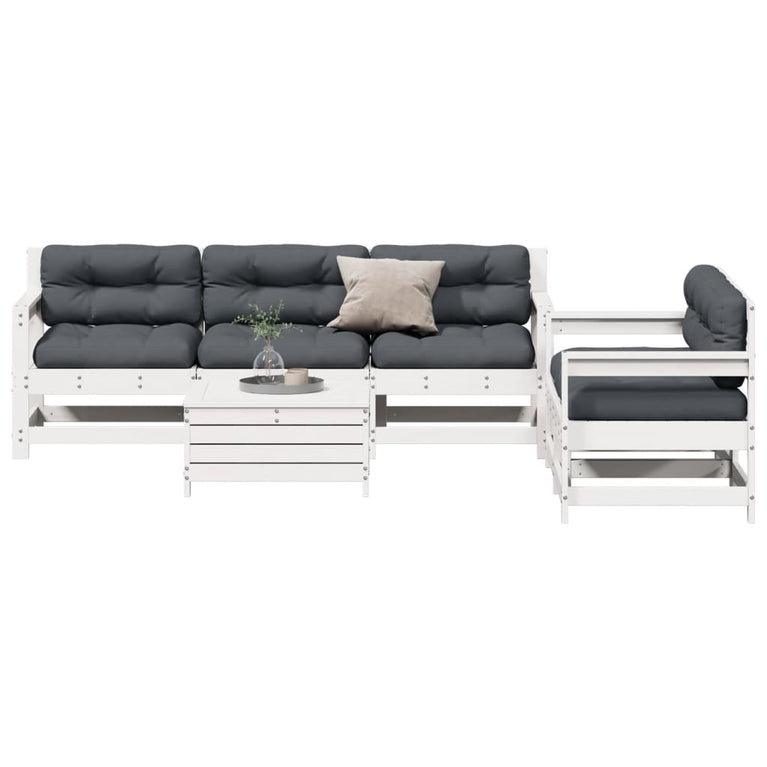 6-delige Loungeset met kussens massief grenenhout wit