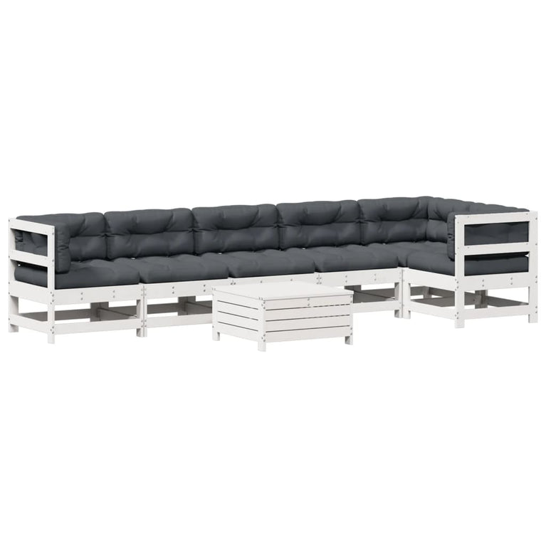 7-delige Loungeset met kussens massief grenenhout wit