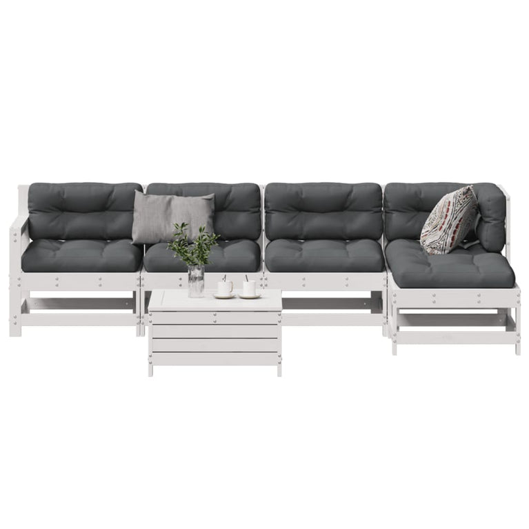 6-delige Loungeset met kussens massief grenenhout wit
