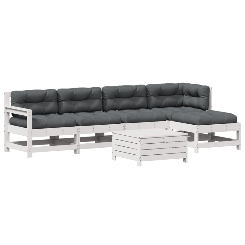 6-delige Loungeset met kussens massief grenenhout wit