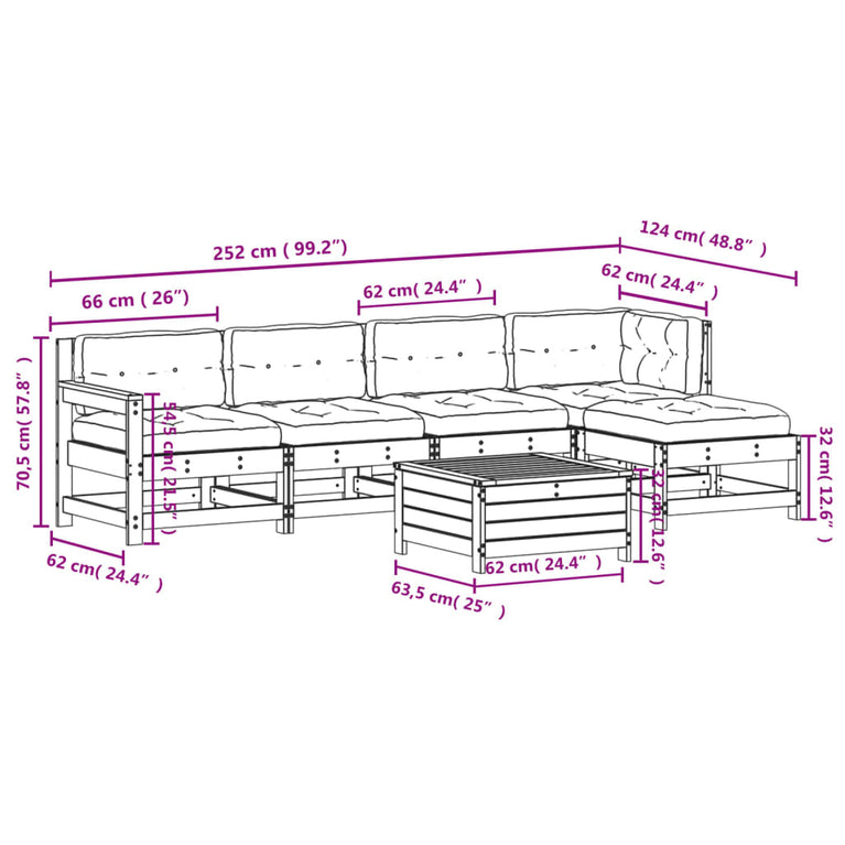 6-delige Loungeset met kussens massief grenenhout wit