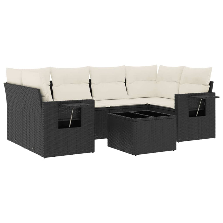7-delige Loungeset met kussens poly rattan zwart