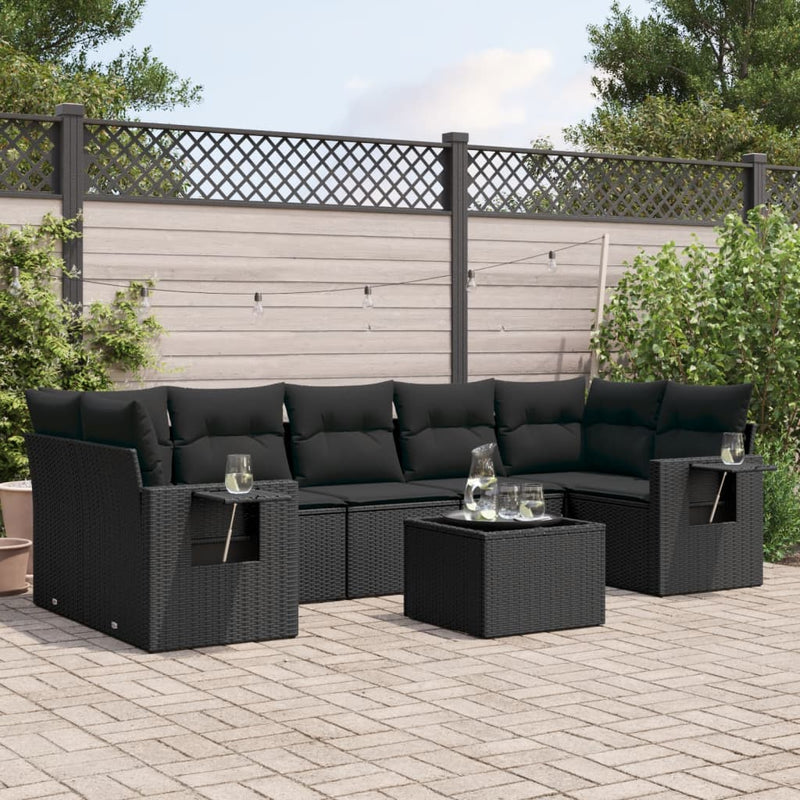 8-delige Loungeset met kussens poly rattan zwart