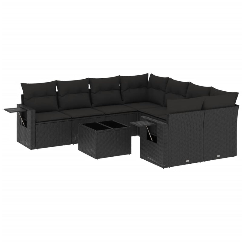 9-delige Loungeset met kussens poly rattan zwart