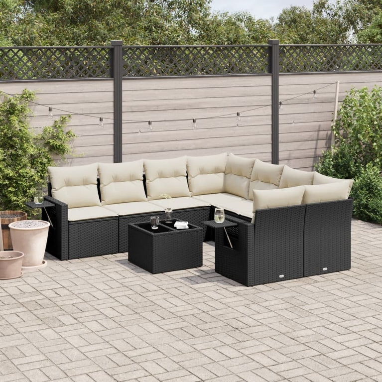 9-delige Loungeset met kussens poly rattan zwart