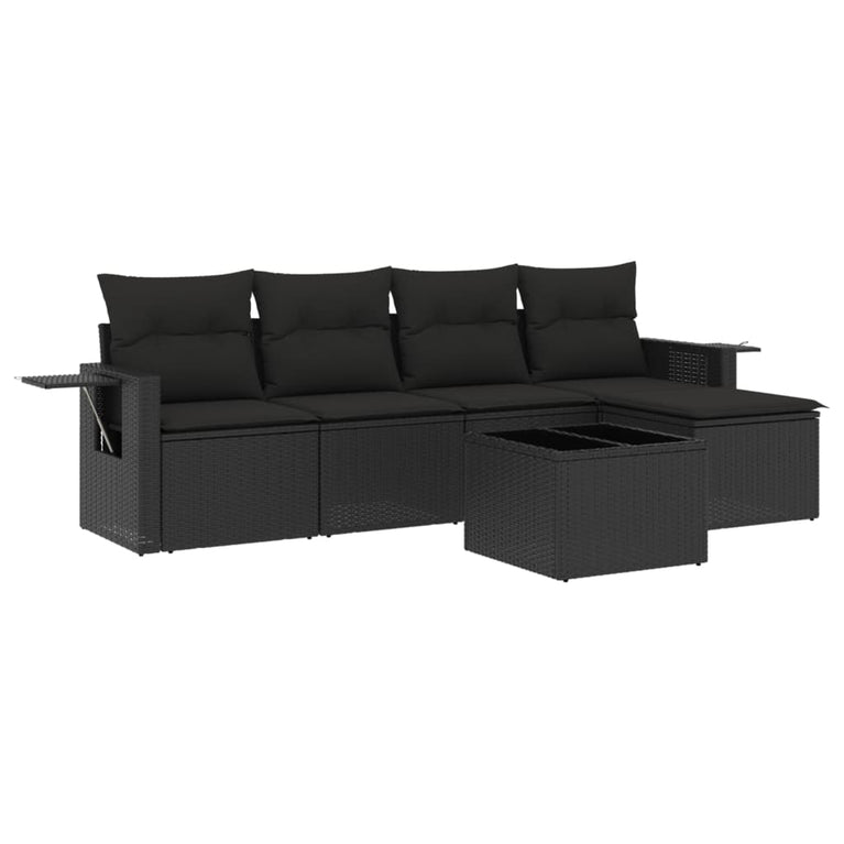 6-delige Loungeset met kussens poly rattan zwart