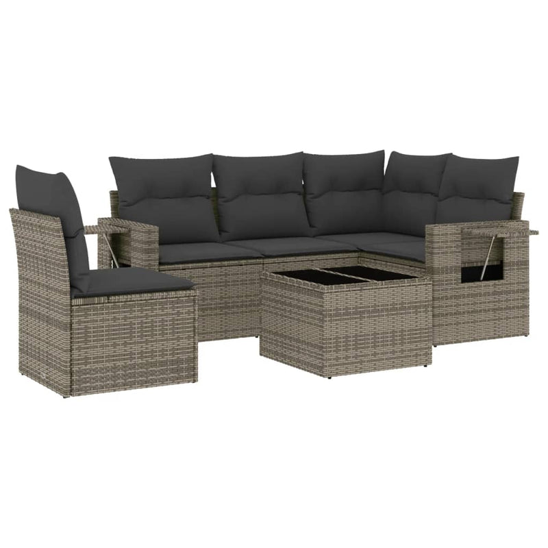 6-delige Loungeset met kussens poly rattan zwart