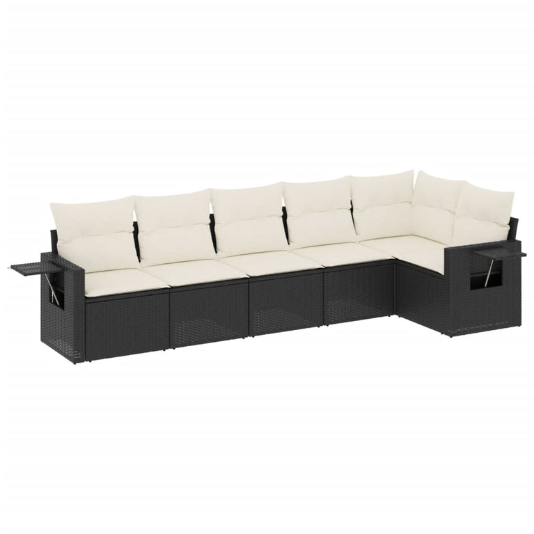 6-delige Loungeset met kussens poly rattan zwart