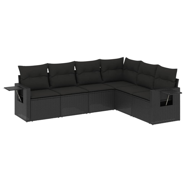 6-delige Loungeset met kussens poly rattan zwart