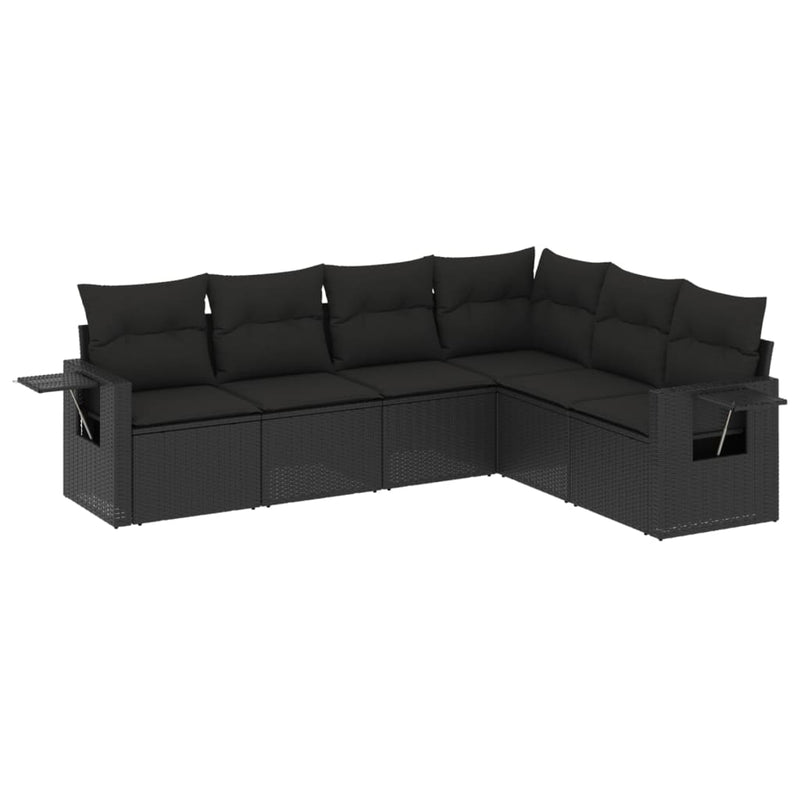 6-delige Loungeset met kussens poly rattan zwart