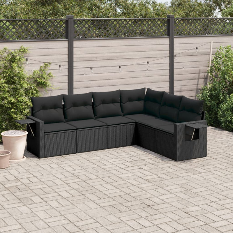 6-delige Loungeset met kussens poly rattan zwart