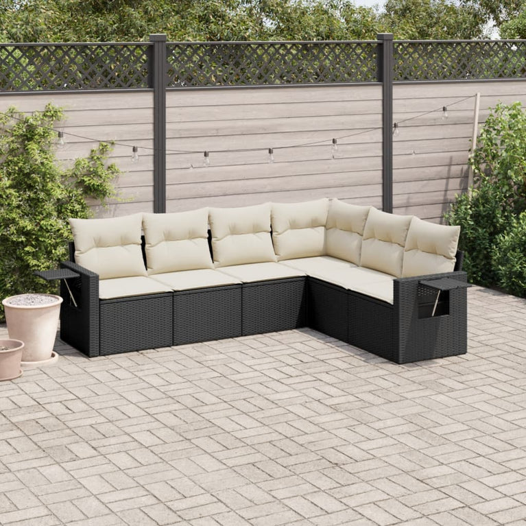 6-delige Loungeset met kussens poly rattan zwart