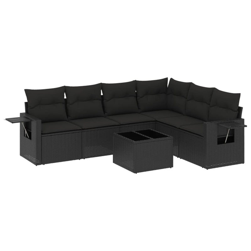 7-delige Loungeset met kussens poly rattan zwart