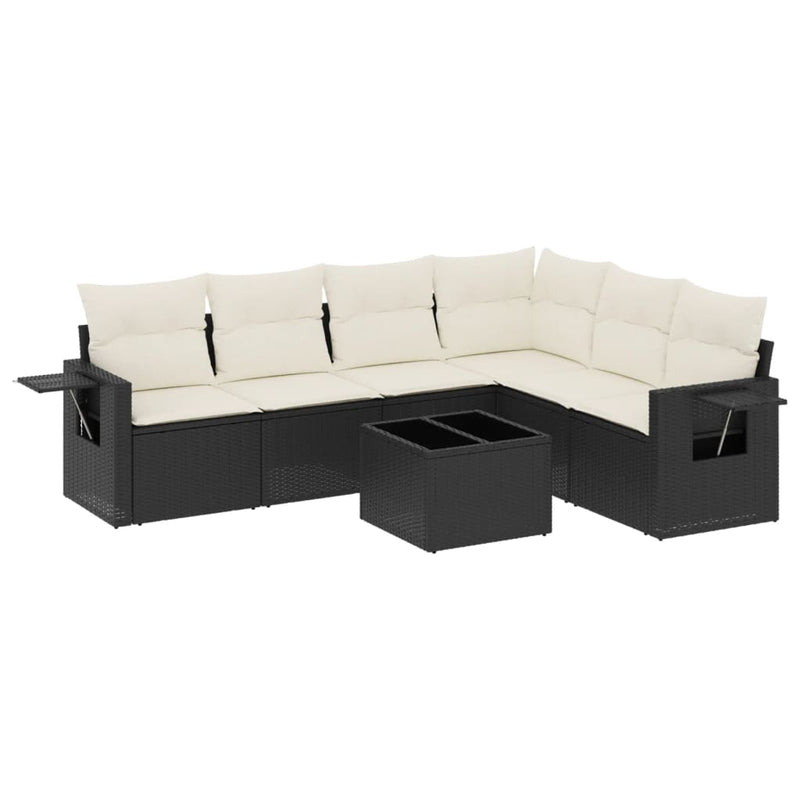 7-delige Loungeset met kussens poly rattan zwart
