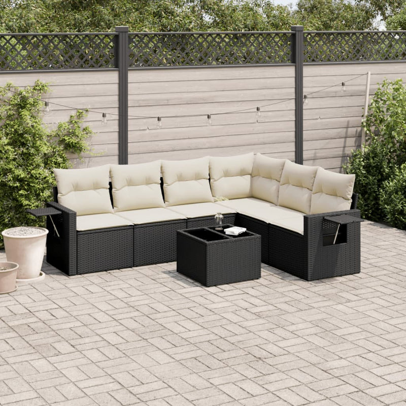 7-delige Loungeset met kussens poly rattan zwart