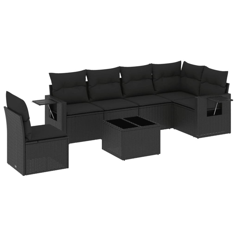 7-delige Loungeset met kussens poly rattan zwart