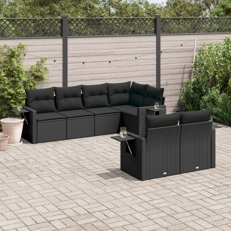 7-delige Loungeset met kussens poly rattan zwart