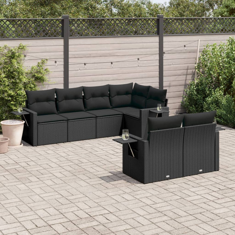 7-delige Loungeset met kussens poly rattan zwart