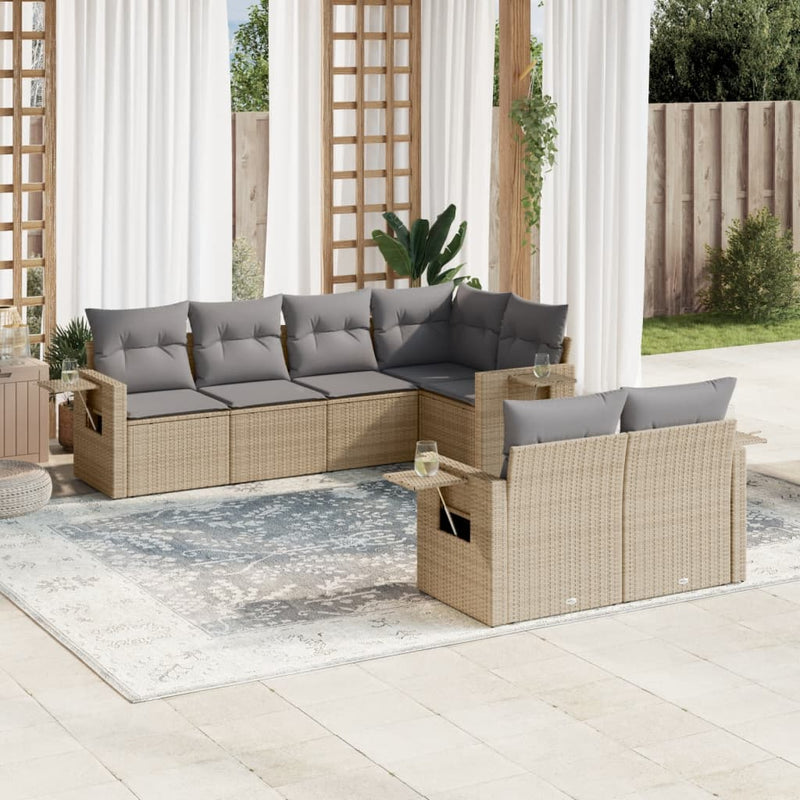 7-delige Loungeset met kussens poly rattan beige