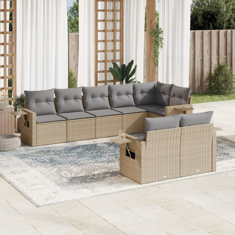 8-delige Loungeset met kussens poly rattan beige