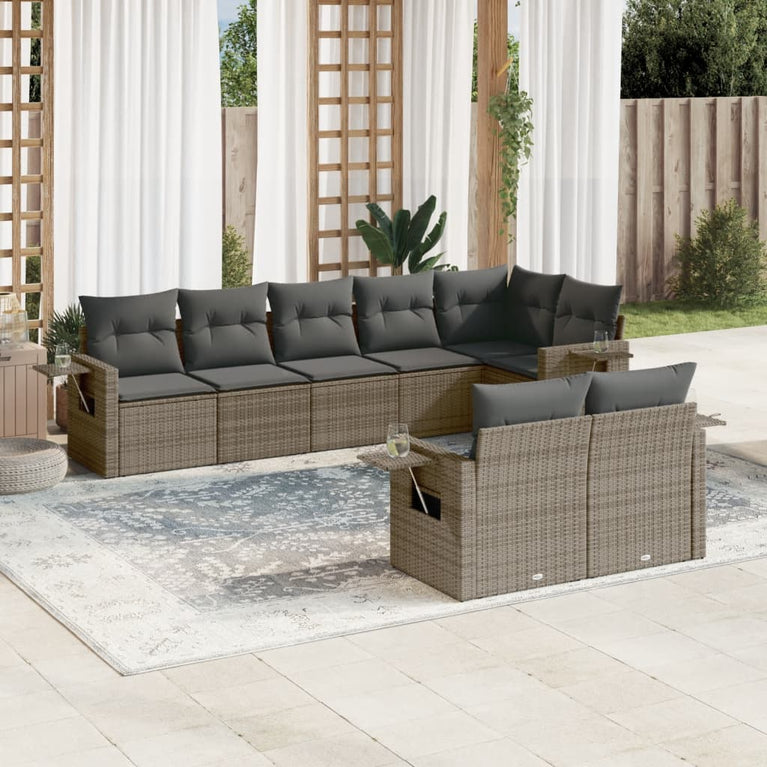 8-delige Loungeset met kussens poly rattan grijs