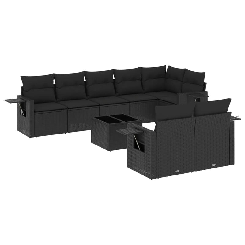 9-delige Loungeset met kussens poly rattan zwart