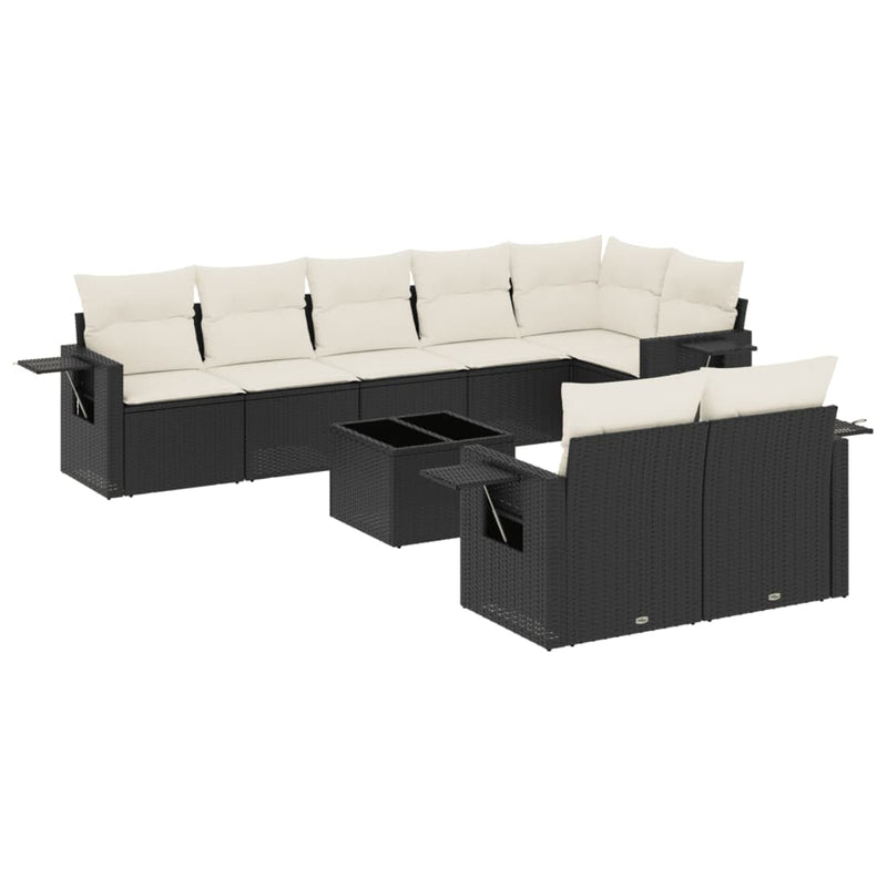 9-delige Loungeset met kussens poly rattan zwart